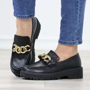 Chunky Lug Sole Slip On Penny Loafers Platform With Gold Chain